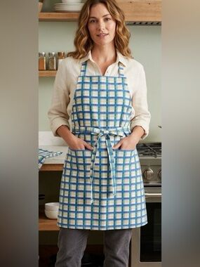 Vintage Old Navy Plaid Butcher Apron Cotton Canvas Cream Blue Green XL